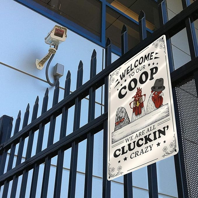 Funny Chicken Coop Sign - "Welcome to Our Coop" Rustic Farmhouse Chicken Decor for Coop or Home, 12" x 8" Metal Tin Sign