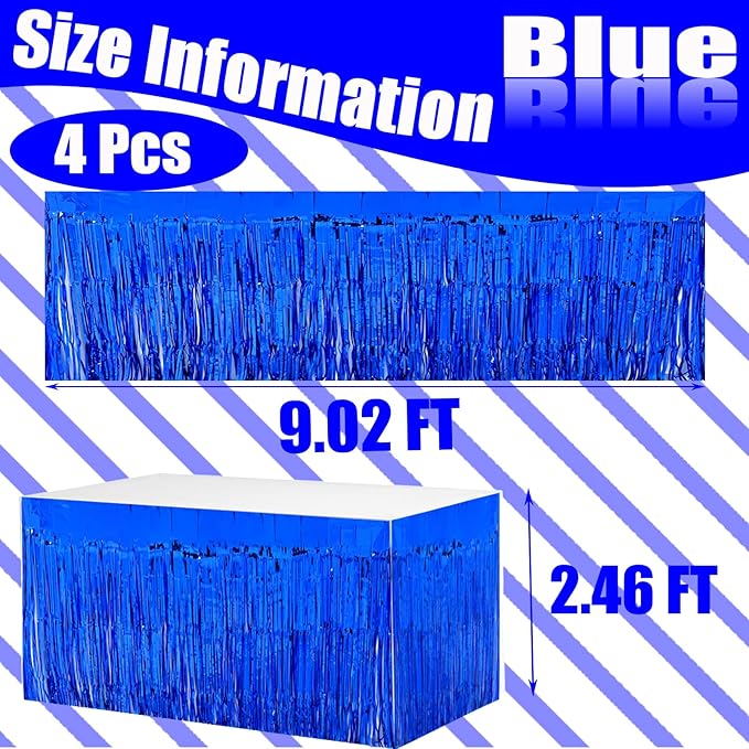 4 Pack 29x108 Inch Metallic Foil Fringe Tinsel Table Skirts for Rectangle Tables Streamer Curtains Backdrop for Wedding, Birthday, Parade Floats, Christmas, Halloween Party Decoration(Blue)