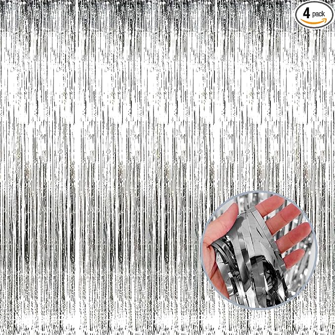 4 Pack Silver Foil Fringe Curtain Backdrop, 3.28Ft x 8.2Ft Metallic Tinsel Foil Fringe Streamer Curtains for Photo Booth Props, Birthday, Wedding, New Year’s, Christmas Decoration Party Supplies