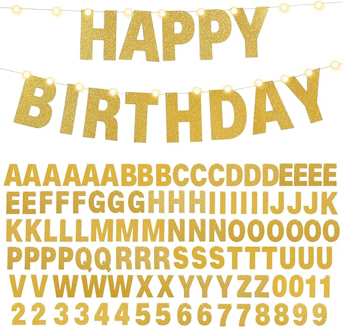 TaoBary 112 Pcs DIY Letter Kit Glitter Customizable Banner Letters Include 107 Letters and Numbers 3 Rope and 2 Needles for Birthday Halloween Christmas Wedding Valentine Party Decor(Gold)
