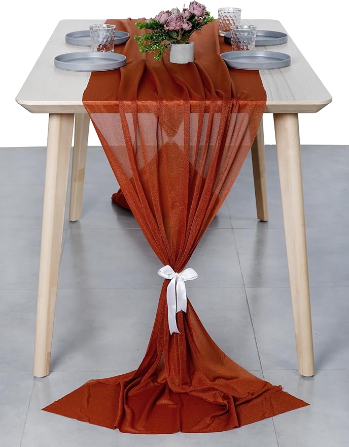 MDS 2 Pack 14ft Chiffon Table Runner 29 x 170 Inches Sheer Wedding Runner Romantic Rustic Table Runner for Wedding Decorations, Birthday Parties, Bridal Shower Party Arch Decor - Terracotta