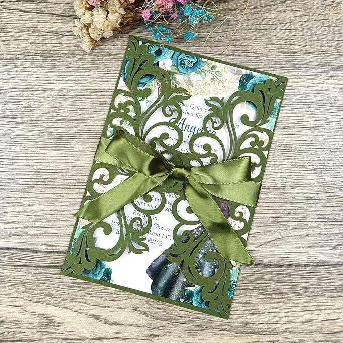 25PCS Olive Green Laser Cut Wedding Invitations Cards with Envelopes,Blank Inner Sheets,Ribbons for Wedding Bridal Shower Quinceañera Engagement Birthday Invites