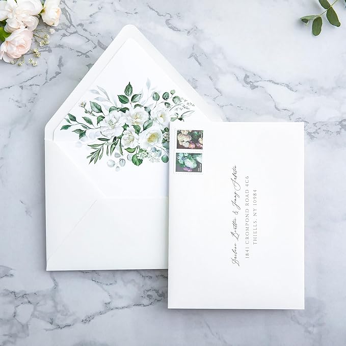 PONATIA 50PCS A7 Euro Flap Ivory Envelope, 5.25 x 7.25'' Flowers Liner Envelopes for Wedding Invitations, Photos, Postcards, Greeting Cards, Christmas Gift Cards, Acrylic Mailing, 5x7 Envelopes