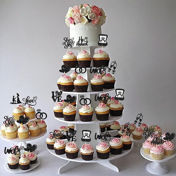 Ephlyn 30Pcs He Asked She Said Yes Cupcake Toppers Glitter Engagement Cupcake Toppers Diamond Ring Heart Love I Do Cupcake Picks for Engagement Wedding Party Cake Decorations Black
