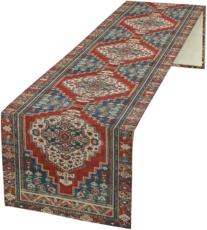 Boho Floral Vintage Table Runner, Red Blue Retro Flower Rustic Country Farmhouse Pattern for Home Kitchen Table Decor Dining Coffee Room Party Decor 13x90in