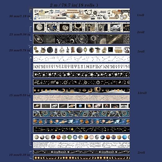18 Rolls Celestial Washi Tape Set Galaxy washi Tape for Crafts and Journaling DIY washi Tape for journaling Decorative Tape for Scrapbook Scrapbooking Supplies