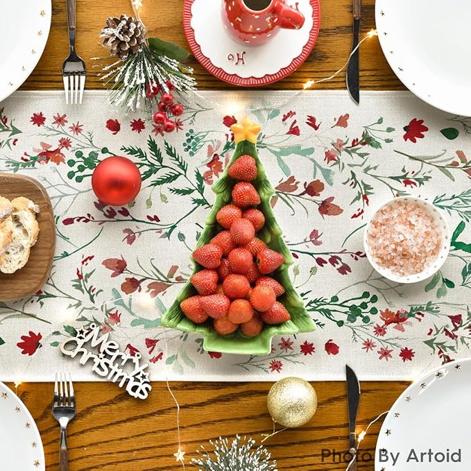 Artoid Mode Floral Leaves Christmas Table Runner, Wild Flowers and Grasses Winter Kitchen Dining Table Decoration for Home Party Decor 13x48 Inch