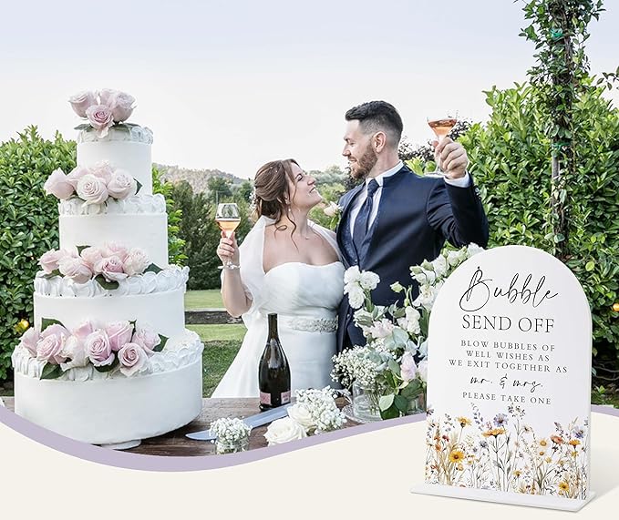 Wedding Signs for Ceremony and Reception, Boho Floral Acrylic Bubble Send Off Sign, Wedding Signage with Stand, Bridal Shower Table Centerpieces, Supplies for Engagement Reception and Event Party, 29