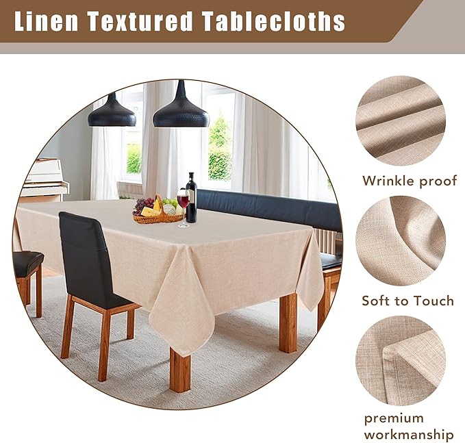 Fitable Faux Linen Tablecloth Rectangle 60 x 102 Inch - Rustic Fabric Table Cloth for 6 Foot Tables, Beige Faux Burlap Table Cover for Kitchen Dining, Party, Farmhouse