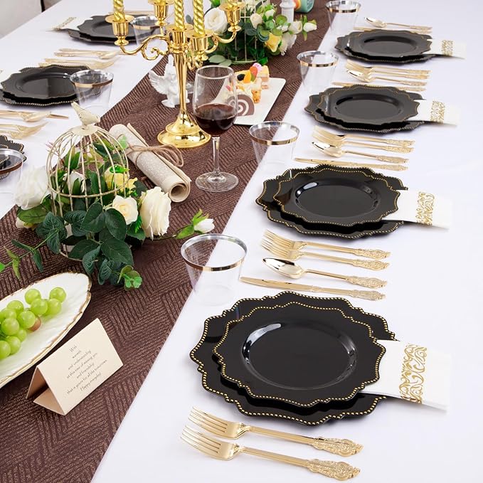 COLOSUS 175PCS Black Dinnerware set with Disposable Silverware for 25guests, Include 50 Dinner Plates 10.25”, 50 Dessert Plates 8.5”, 50 Cups 9 OZ, 50 Napkins,50 Plastic Silverware for Halloween Party