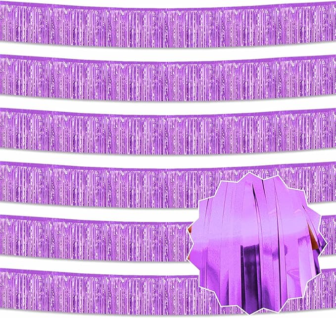 6 Pack 10 Ft Light Purple Foil Fringe Garland Metallic Streamers Tinsel Banner Wall Hanging Garland Backdrop for Parade Floats, Halloween, Christmas, Thanksgiving, New Year Party Decorations