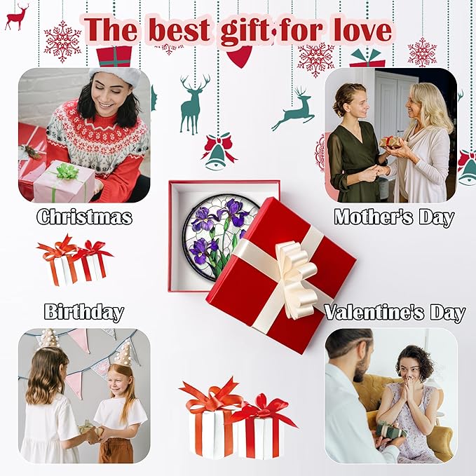 Stained Glass Window Hanging - Purple Iris Flower Sun Catcher for Door Terrace Garden Home Decor, Green Plants Suncatcher Birthday Gifts for Lovers Women Men Dad Mom Nana 7.8 in
