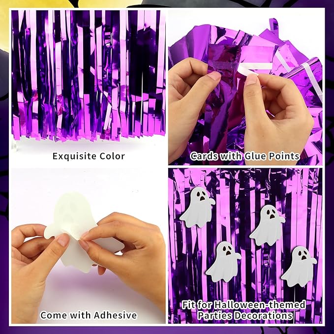 28x106 Inch Purple Sequin Tablecloth for Halloween Decorations, Metallic Tinsel Foil Fringe Table Skirt, Rectangle or Round Tables Decor, Table Cover, Ghost Decorations for Halloween Party