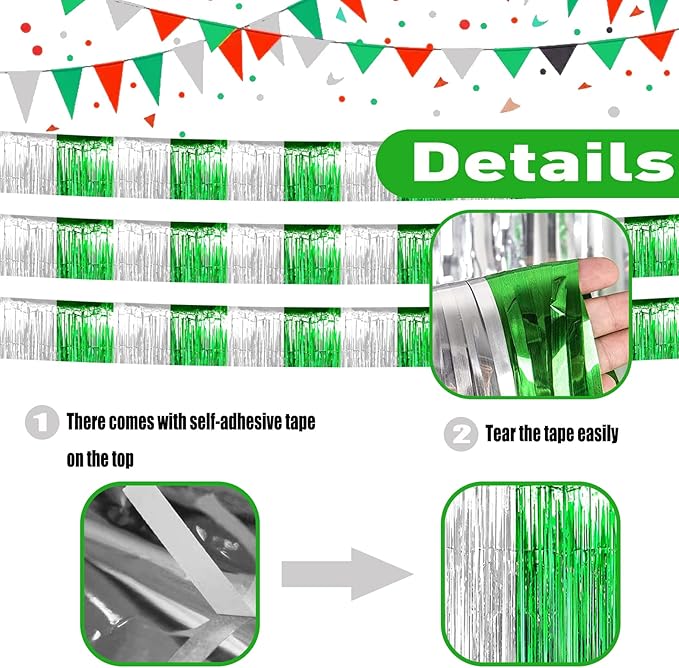 6 Pack 10 Feet Silver Green Foil Fringe Garland Metallic Tinsel Streamers Banner Wall Hanging Backdrop Banner for Parade Floats, Thanksgiving, Christmas, Birthday, Halloween Party Decorations