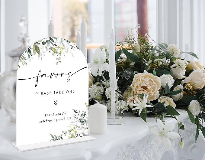 Greenery Favors Sign, 6 x 8 Inch White Arch Acrylic Wedding Sign with Holder, Wedding Sign for Ceremony and Reception, Wedding Decoration, Wedding Supplies - LY26