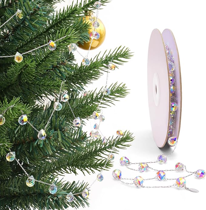 Christmas Garland, 9.8Ft Crystal Glass Beads Strands, 100pcs 10mm Faceted Waterdrop Glass Beads Hanging Ornament for Christmas Tree Centerpieces Wedding Party Decorations (Crystal AB)