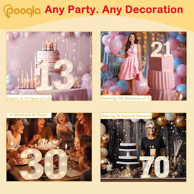Pooqla Decorative LED Light Up Number Letters, White Plastic Marquee Number Lights Sign for 90th Birthday Party Wedding Decor, Battery Operated
