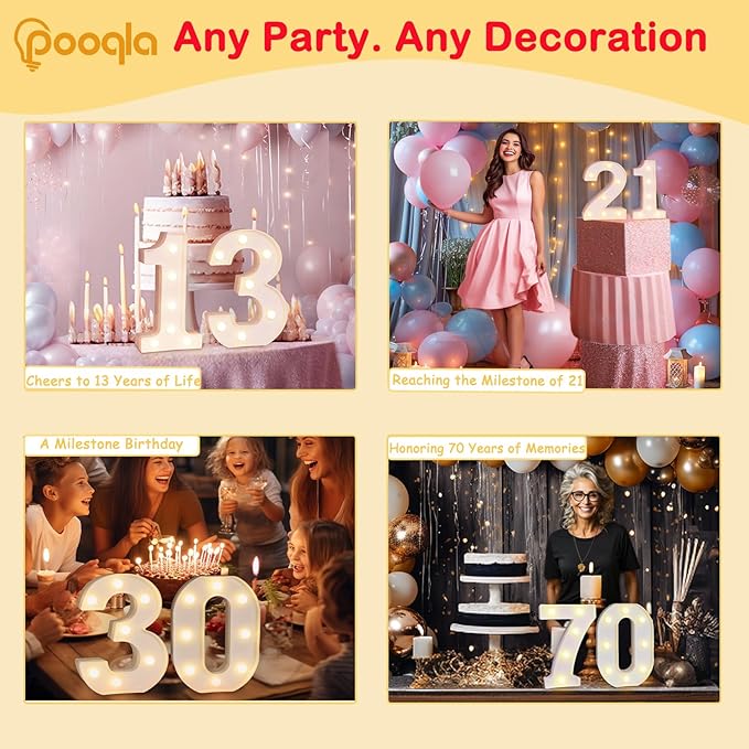 Pooqla Decorative LED Light Up Number Letters, White Plastic Marquee Number Lights Sign for 65th Birthday Party Wedding Decor, Battery Operated (65)
