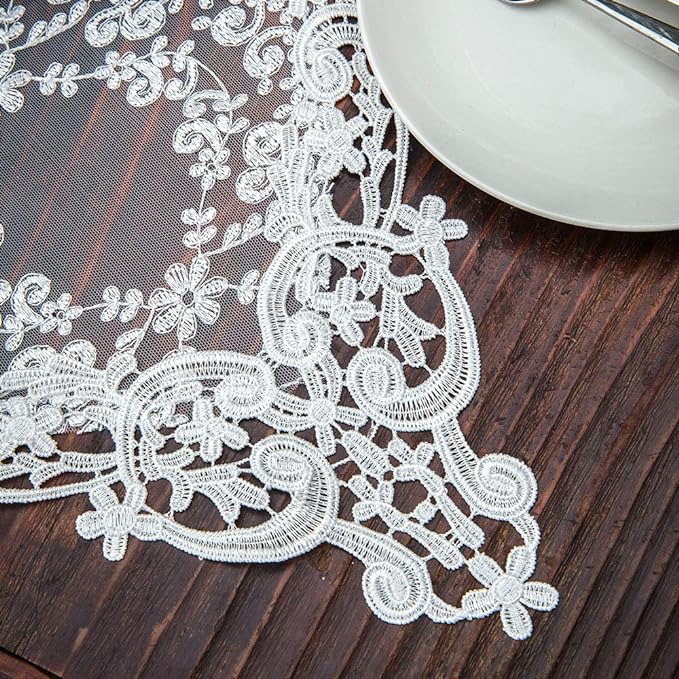 ARTABLE Rectangle Table Runner Lace Macrame Embroidered Table Runners with Exquisite Vintage Shabby Chic for Holiday Wedding Long Dinner Tables (White, 12 x 96 Inch)