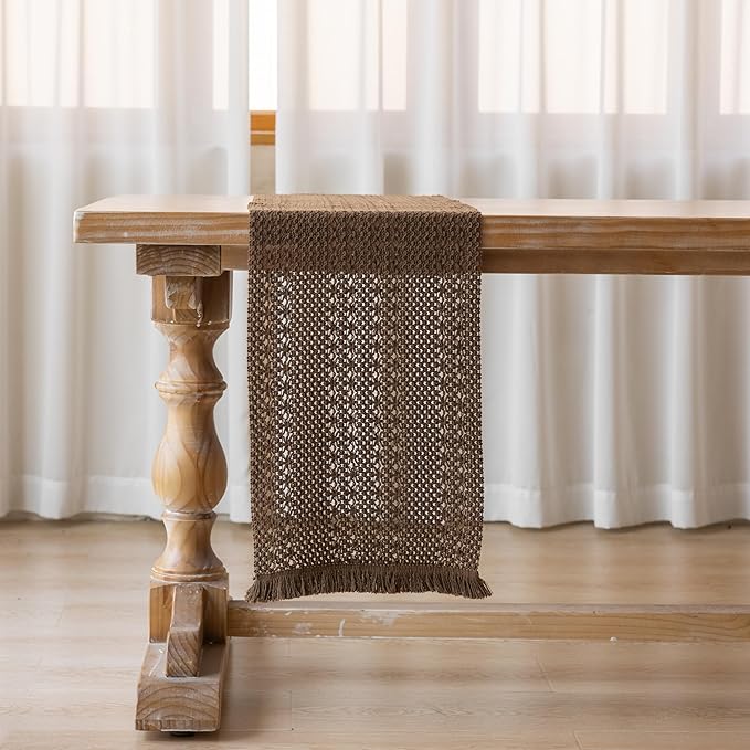 Boho Brown Table Runner for Home Decor 12x72 Inches Farmhouse Macrame Burlap Jute Rustic Dining Kitchen Centerpiece Bohemian Decor French Country Baby Bridal Shower Decorations