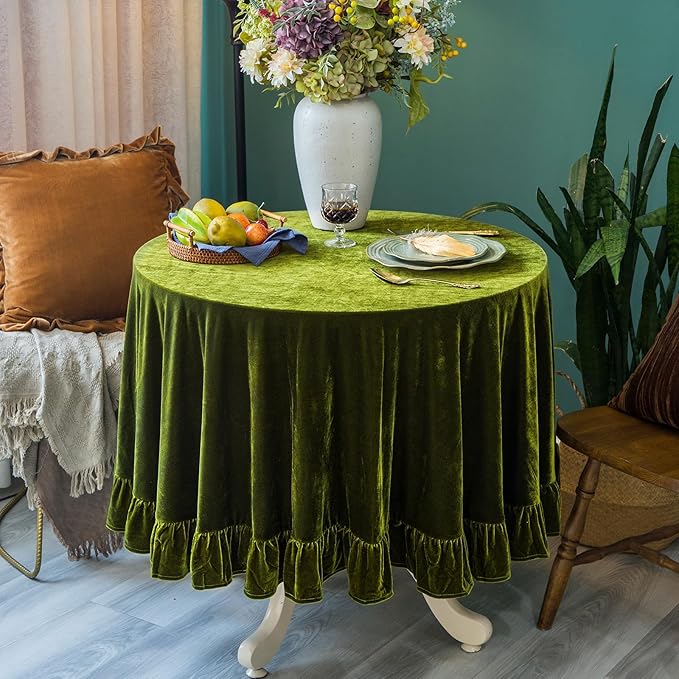 Velvet Tablecloth Luxurious Solid Round Table Cloth,Oblong Retro Farmhouse Ruffle Tablecloths Washable Table Cover for Party Wedding Baby Shower Kitchen Dinning Tabletop Decoration