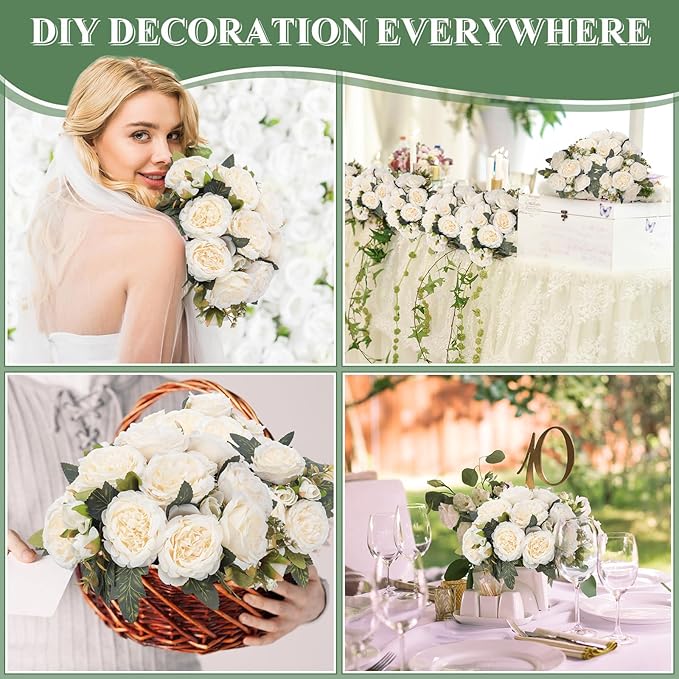8 Bundles Artificial Peonies Flowers Boho Faux Flowers Arrangements Artificial Centerpiece Spring Bouquet Floral Wedding Decoration for Vase(Milk White)