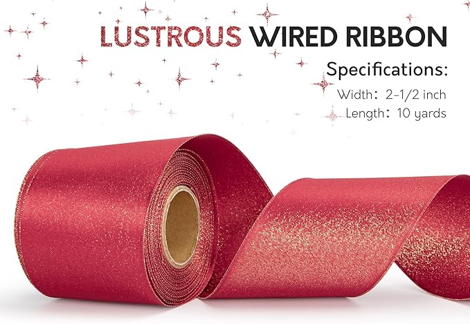 Christmas Ribbon Wired Red Satin Ribbons 2-1/2 Inch Double-Faced Gold Glitter for Tree Decoration, Wreath, Gift Wrapping, Home Decor 10 Yards