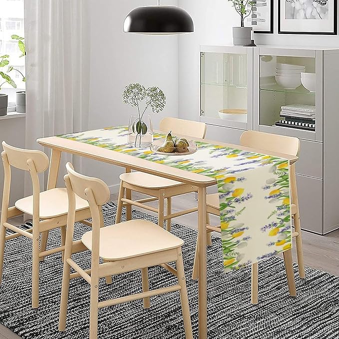 Floral Tulip Lavender Table Runner, Spring Watercolor Flower Plants Nature Butterfly Table Runner for Kitchen Dinner Living Room Home Party, 13x60 Inch