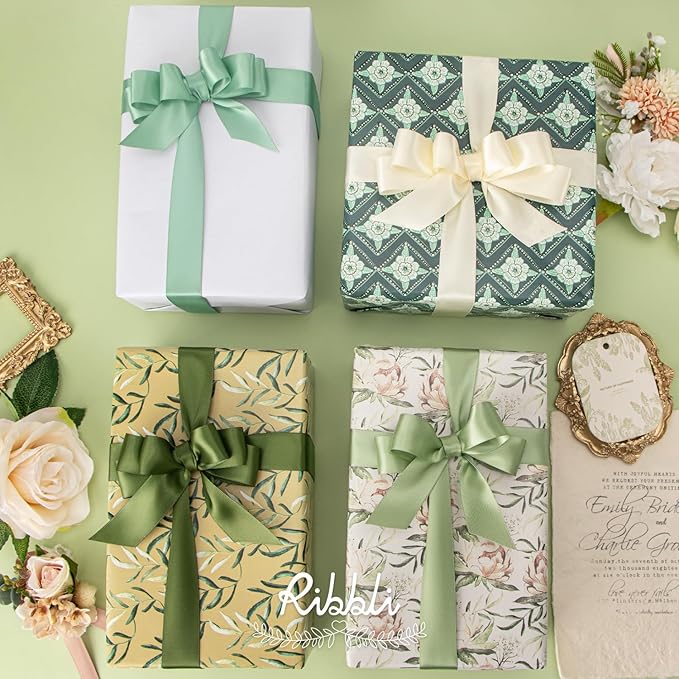 Ribbli Sage Green Satin Ribbon 1 Inch x 4 Rolls Total 40 Yards- Ivory/Sage/Dusty Sage/Moss Green Ribbon for Gift Wrapping Craft Wedding Decoration