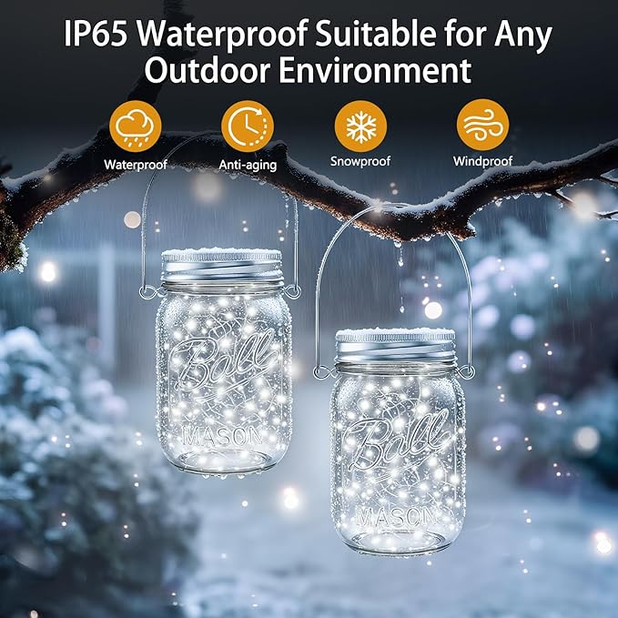 ZNYCYE Solar Mason Jar Lights, 6 Pack 30 LED Waterproof Solar Fairy Firefly Jar Lids String Lights with Hangers(NO Jars) for Outdoor Lawn Patio Garden Yard Wedding Decoration - Cool White