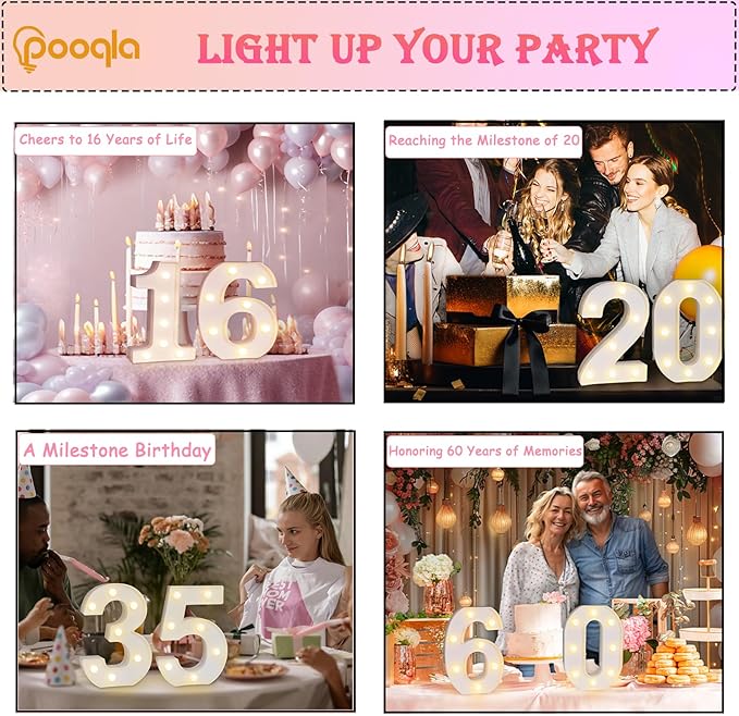Pooqla Decorative Led Light Up Number Letters, White Plastic Marquee Number Lights Sign for 23th Birthday Party Wedding Decor Battery Operated Number (23)