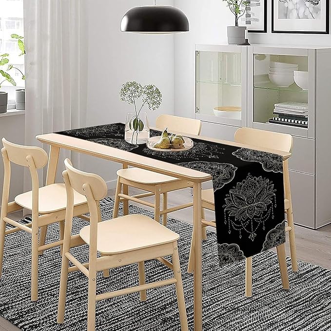 Lotus Flower Table Runner, Bohemian Ethnic Oriental Mandala Black White Floral Print Table Runner for Home Kitchen Dining Indoor Outdoor Dinner Party Decor, 13x90inch
