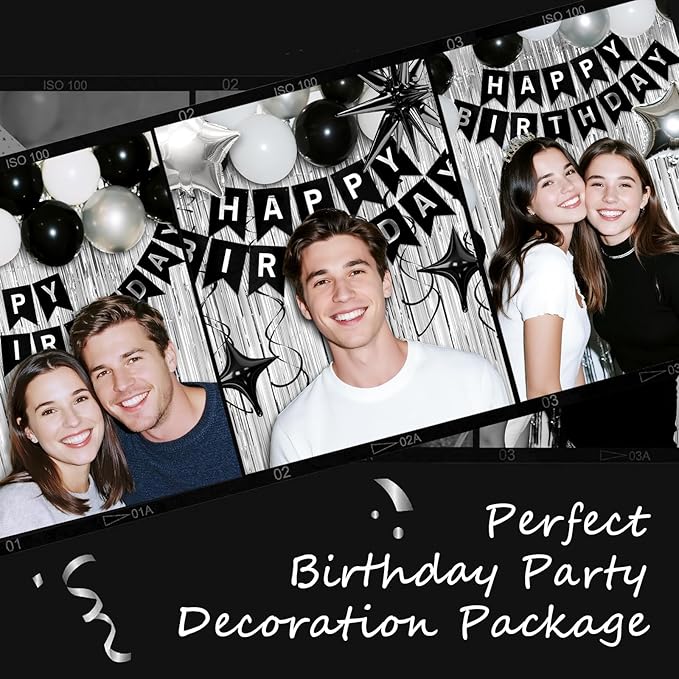 36th Birthday Decorations for Men Women, Black Silver Happy Birthday Party Decorations， 36 Year Old Party Supplies with Number 36 Balloons, Banner, Fringe Curtains Kit
