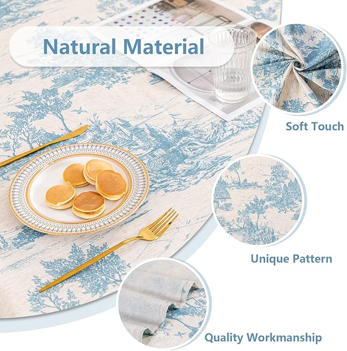MYSKY HOME Linen Vintage Rectangle Tablecloth 60x84 Inches, Blue Castle Print Table Cloth for Dining Table I Tabletop I Parties/Outdoor I Spring/Summer Waterproof Fabric Farmhouse Tablecloth