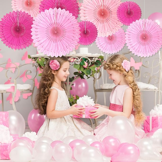 18 Pcs Pink Kit Hanging Honeycomb Paper Fans, Round Paper Fan Decorations for Weddings, Birthdays, Bachelorette, Photo Booth Backdrops, Baby Shower, Anniversary Events Party Supplies