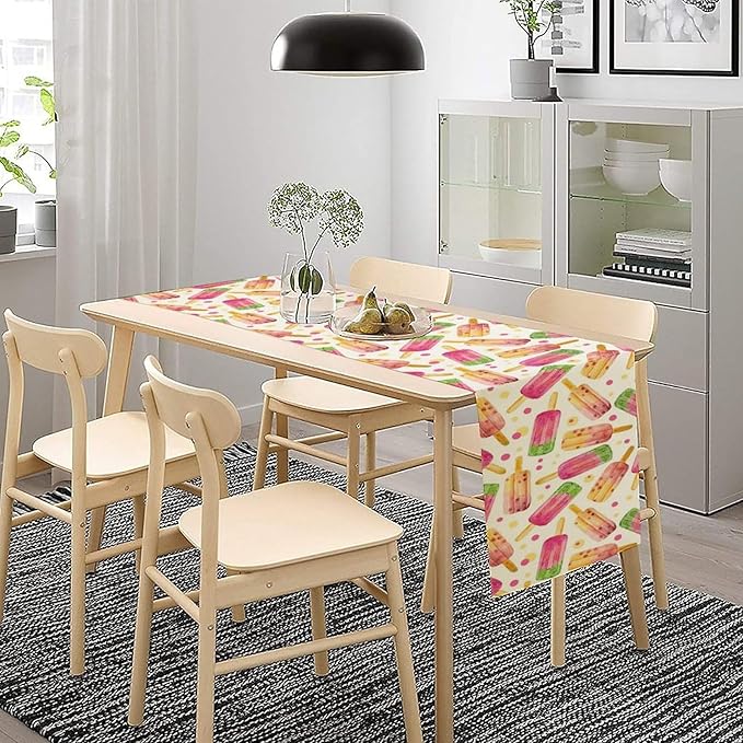 Ice Cream Popsicles Table Runner, Watercolor Summer Seasonal Fruit Peach Kiwi Berry Popsicles Orange Pink Sweet Dessert Dinner Runner for Party Holiday Home Kitchen Dining Table Decor 13"x120"
