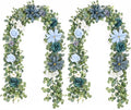 Waipfaru 2Pcs Artificial Eucalyptus Garland with Flowers 6.07Ft, Wedding Table Decorations, Floral Rose Garland for Centerpieces Backdrop Wall Flower Vines for Room Decor (Dusty Blue)