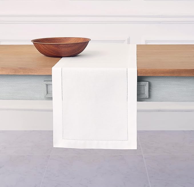 Solino Home White Table Runner 132 Inches Long - Cotton Linen Hemstitch Extra Long Table Runner 14 x 132 Inch for Fall, Autumn, Halloween, Thanksgiving, Christmas, Holiday