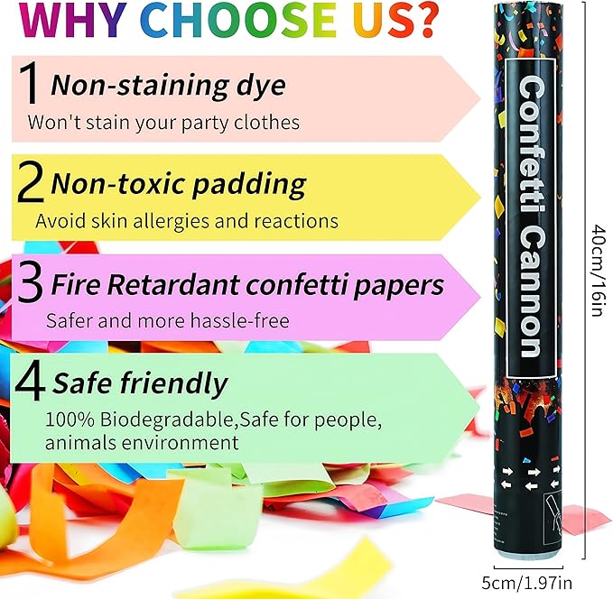 16in Biodegradable Confetti Poppers,Confetti Cannons Bulk with Colorful Confettis Design for Ceremony Party Favor Supplies,Birthday Holiday,Halloween Thanksgiving,Christmas,New Year's Eve(6Pack)