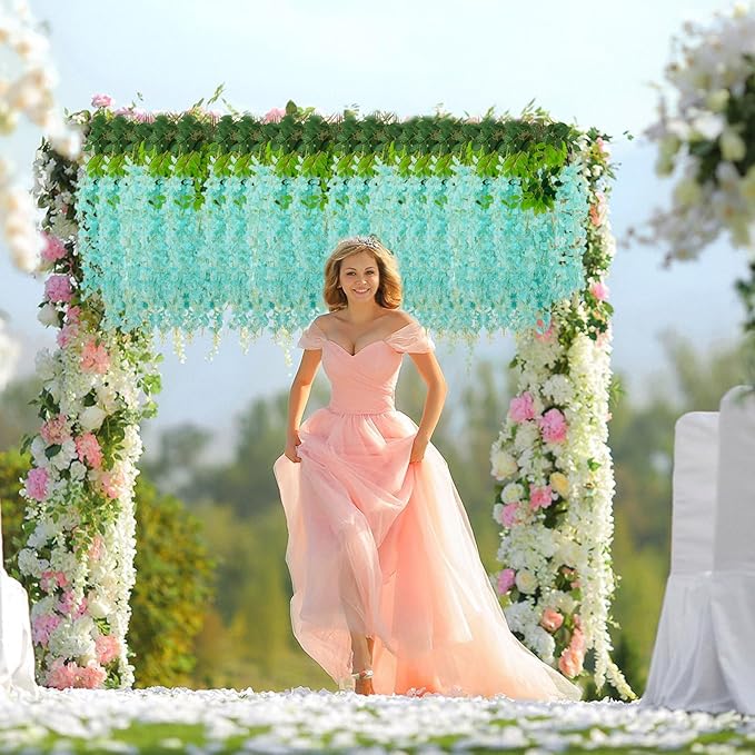 5 Pack Teal Wisteria Hanging Flowers, 3.44 Ft Fake Hanging Flowers, Artificial Wisteria Garland Vines for Wedding Room Backdrop Outdoor Patio Garden Decoration