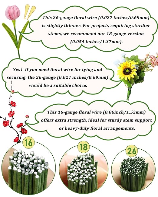 50 PCS FIVEIZERO 16 Gauge LightGreen Floral Wire Stems for Artificial Flower Making, Florist Wires for Crafts, Wreaths, Flower Arrangements and DIY Projects