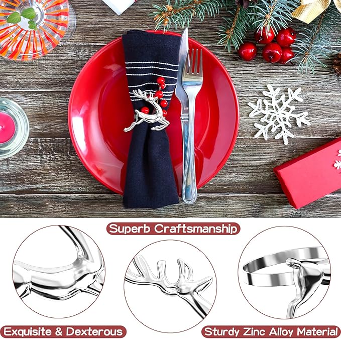 ZeeDix Silver Reindeer Christmas Napkin Rings Set of 24, Napkin Holder Ring for Christmas Dinner Table Decor Cloth Napkins, Wedding Receptions, Holiday Party, Banquet and Home Kitchen