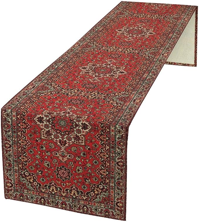 Vintage Boho Floral Table Runner, Rustic Country Farmhouse Red Black Retro Flower Pattern for Home Kitchen Table Decor Dining Coffee Room Party Decor 13x60in