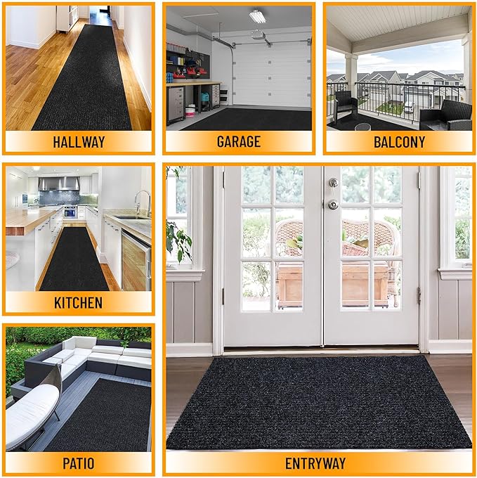 Ottomanson 3'11" x 30' Hallway Runner with Scraper Pile - Extra Durable Non-Slip Rug Mat for Indoor & Outdoor Use - Ideal for Kitchen, Entryway & Garage - High-Traffic Carpet, Black