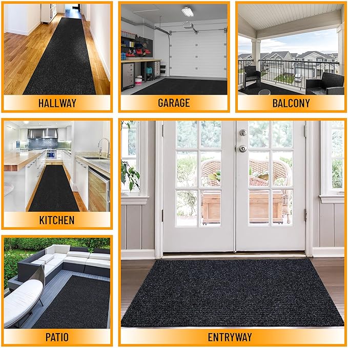 Ottomanson 3'11" x 40' Hallway Runner with Scraper Pile - Extra Durable Non-Slip Rug Mat for Indoor & Outdoor Use - Ideal for Kitchen, Entryway & Garage - High-Traffic Carpet, Black