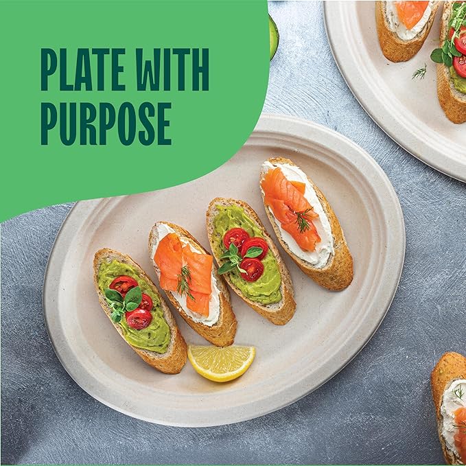 100% Compostable Oval Paper Plates [50-Pack] - {PFAS-Free} - {BPI Certified} - [12 Inch] Heavy Duty, Eco-Friendly, Biodegradable Bagasse Platters - Natural Brown 12" Oval Platter Plates by Stack Man