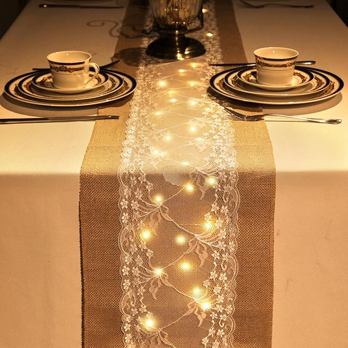 Xinnun 6 Pcs Burlap Table Runner with Lights 12 x 108 Inches Burlap Lace Table Runner Rustic Wedding Decorations Home Party (Vine)