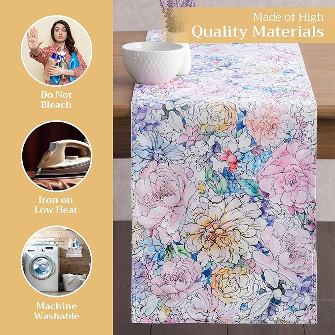 Maison d' Hermine Table Runner 100% Cotton Double Layer Table Runners 72 inches Long Decorative for Kitchen Dining Party Baby Shower Wedding Bridal Shower Spring Summer (Floral Love, 14.50" x 72")