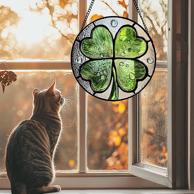 Stained Glass Window Hanging, Green Silver 4 Leaf Clover Sun Catcher for Window Door Home Decor Plant Suncatcher Christmas Mother's Day Birthday Gifts for Women Men Mom Nana 6.3 in