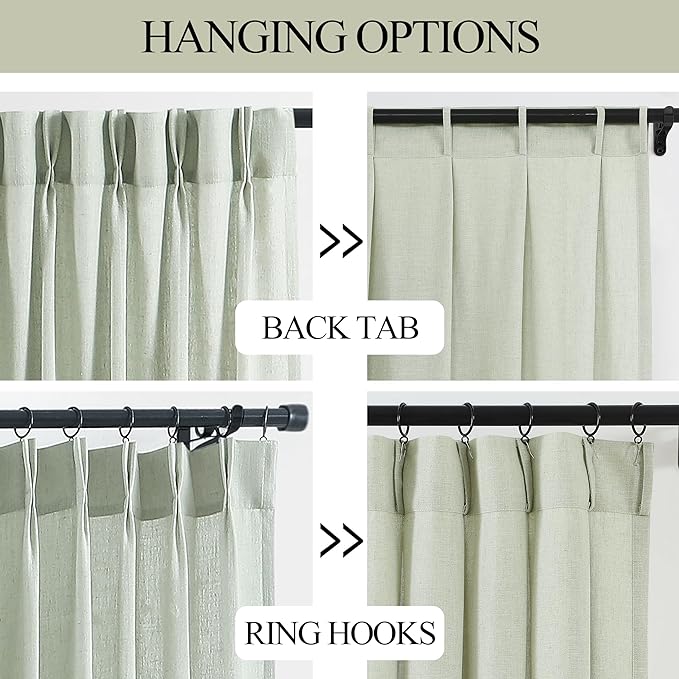 Vision Home Soft Green Pinch Pleated Semi Sheer Curtains Textured Linen Blended Light Filtering Window Curtains 102 inch for Living Room Bedroom Pinch Pleat Drapes with Hooks 2 Panels 40" Wx102 L